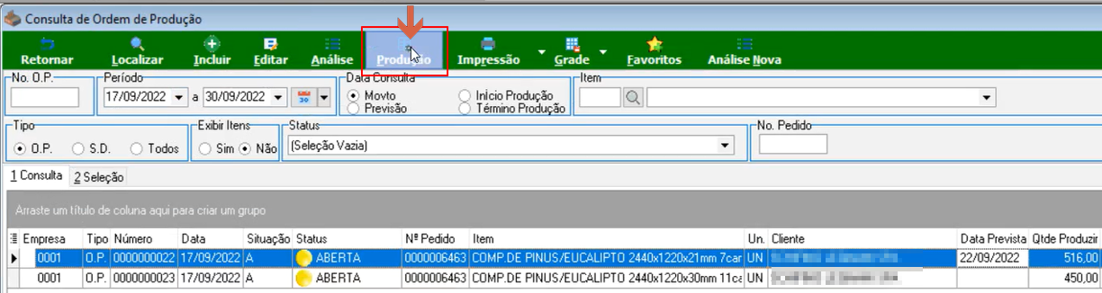 Tela Consulta de Ordem de Produção com o botão Produção destacado na barra de ferramentas e a O.P. listada