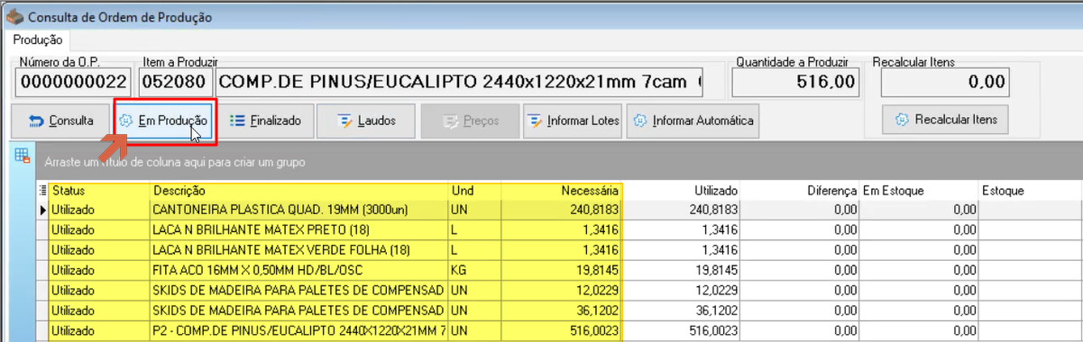 Tela de Produção da O.P. com a lista de componentes e colunas Status, Und, Necessária, Utilizado, Diferença, Em Estoque e Estoque