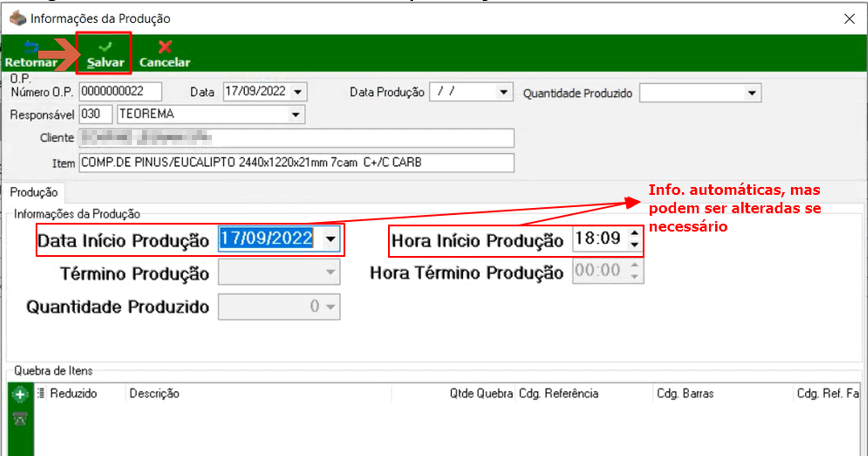 Tela Informações da Produção com campos Data Início Produção, Hora Início Produção, Término Produção e Quantidade Produzido, e os campos de data e hora preenchidos automaticamente
