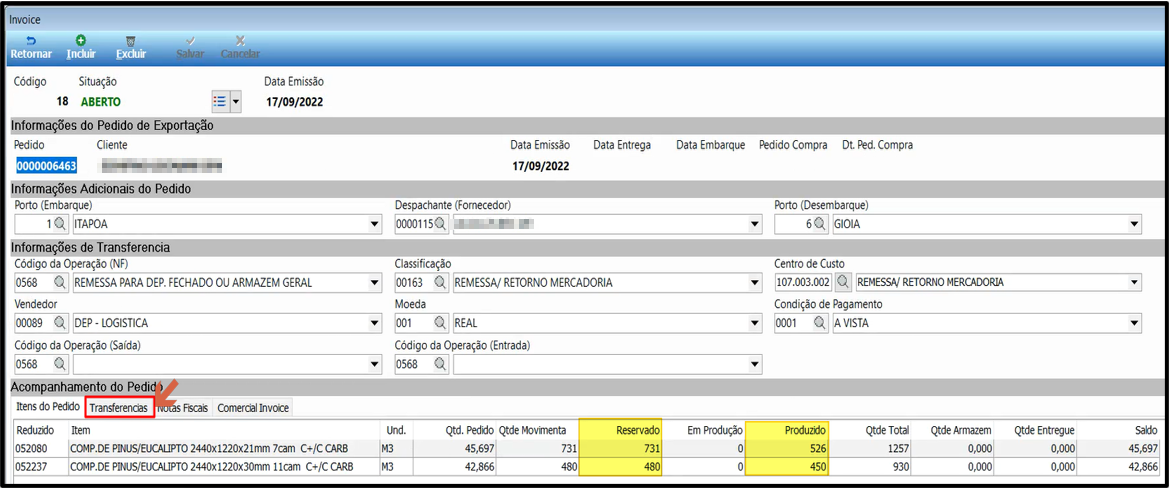 Tela Invoice Pedido Exportação com a aba Transferências selecionada, campos de informações do pedido de exportação e botão Incluir indicado
