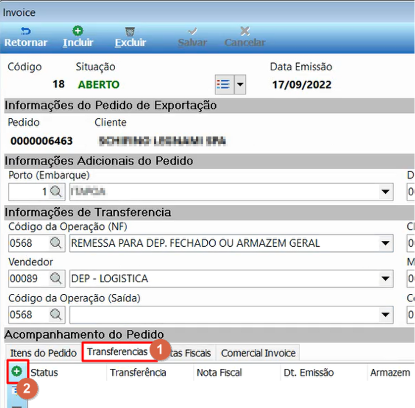 Tela Invoice Pedido Exportação na aba Transferências com o botão Incluir disponível