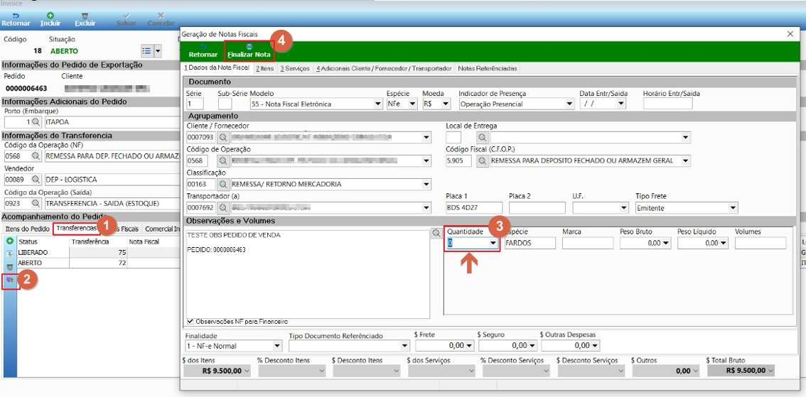 Tela Invoice com a transferência com status Liberado e a tela de Geração de Notas Fiscais aberta, exibindo campos de documento, transportador, quantidade e volumes
