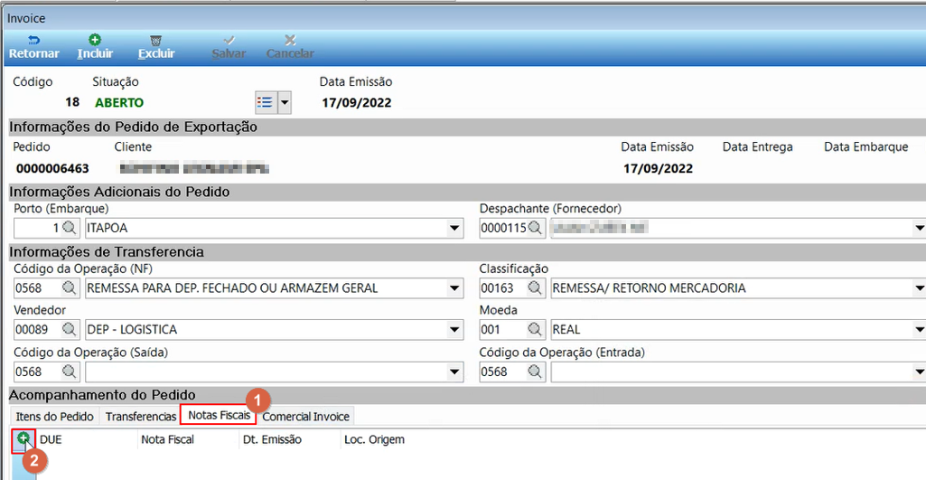 Tela Invoice Pedido Exportação na aba Notas Fiscais com o botão Incluir indicado