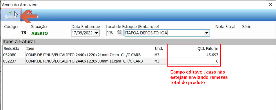 Tela Venda do Armazém com campos Código, Situação, Data Embarque, Local de Estoque (Embarque), e grade Itens à Faturar com colunas Reduzido, Item, Und e Qtd. Faturar editável