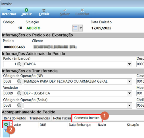 Tela Invoice Pedido Exportação na aba Comercial Invoice com o botão Incluir indicado