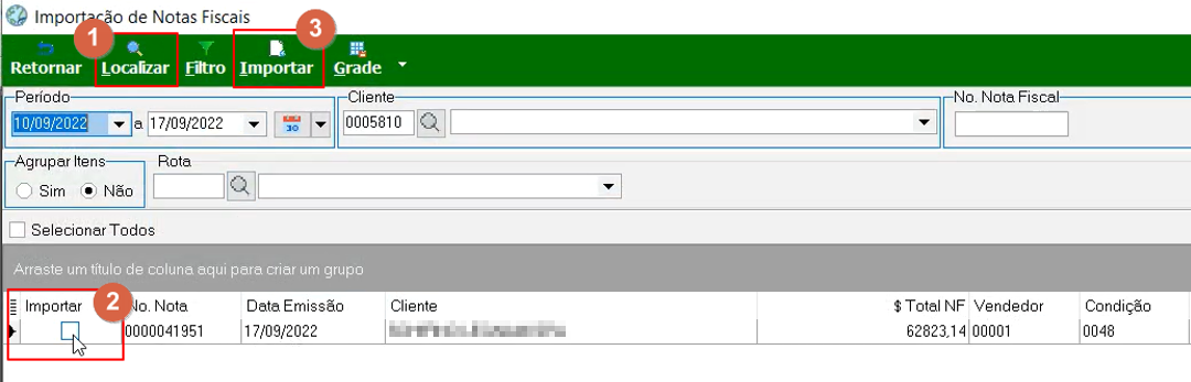 Tela Importação de Notas Fiscais com campos de período, cliente, No. Nota Fiscal e grade exibindo a NF com colunas Importar, No. Nota, Data Emissão, Cliente, $ Total NF, Vendedor e Condição