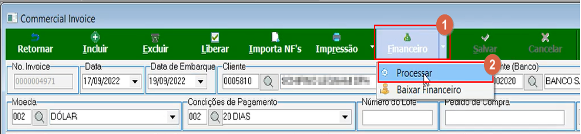 Tela Commercial Invoice com o menu Financeiro expandido e a opção Processar indicada