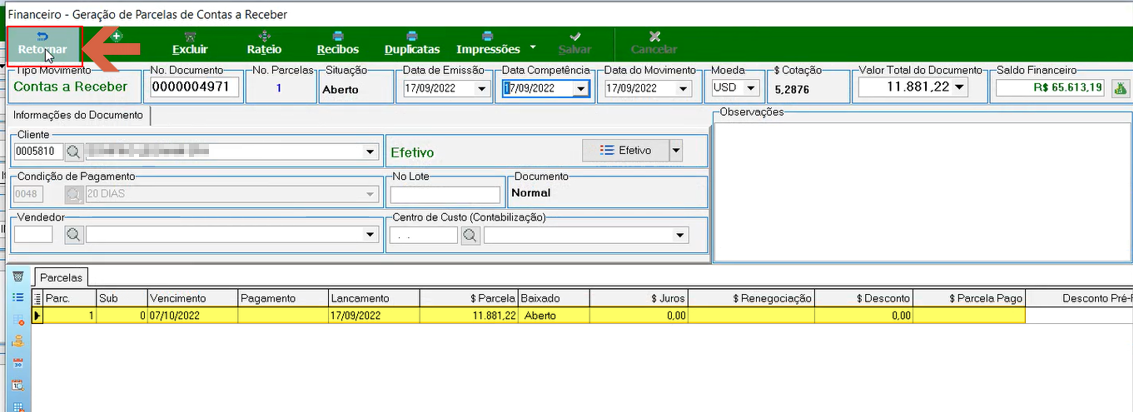 Tela Financeiro - Geração de Parcelas de Contas a Receber com campos de tipo de movimento, número do documento, parcelas, datas de emissão e competência, moeda, cotação, valor total e saldo financeiro