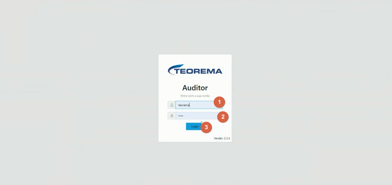 Tela de login do Teorema Auditor com campos de usuário e senha e botão Login