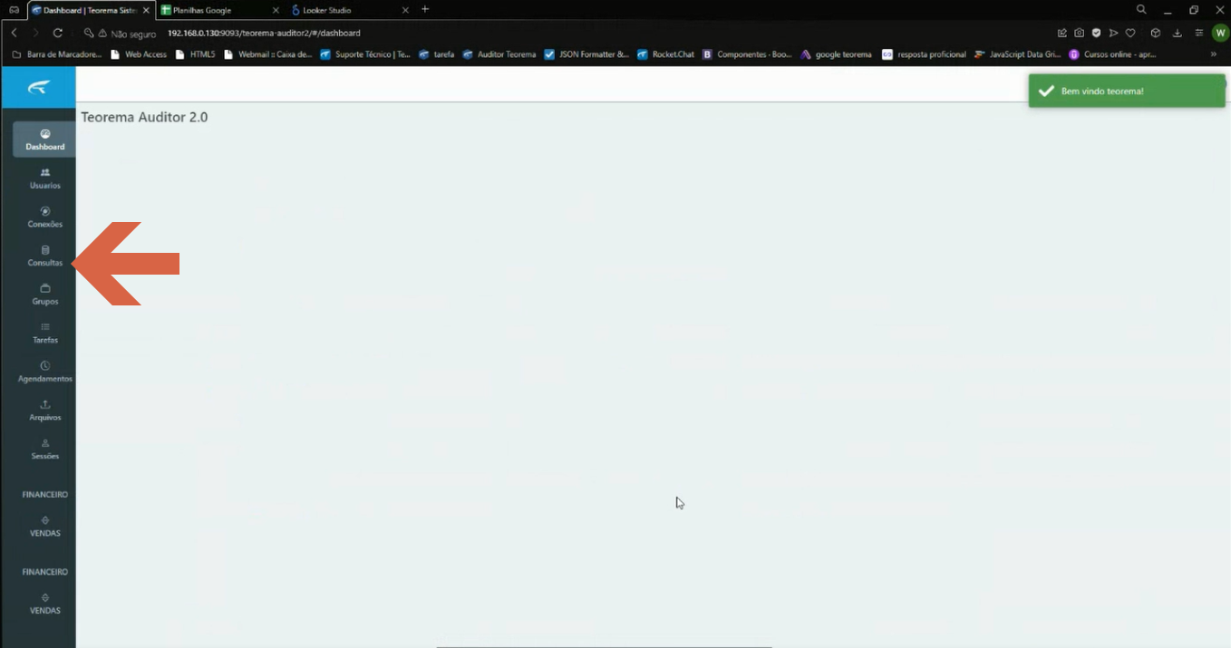 Dashboard do Teorema Auditor 2.0 com menu lateral destacando o item Consultas