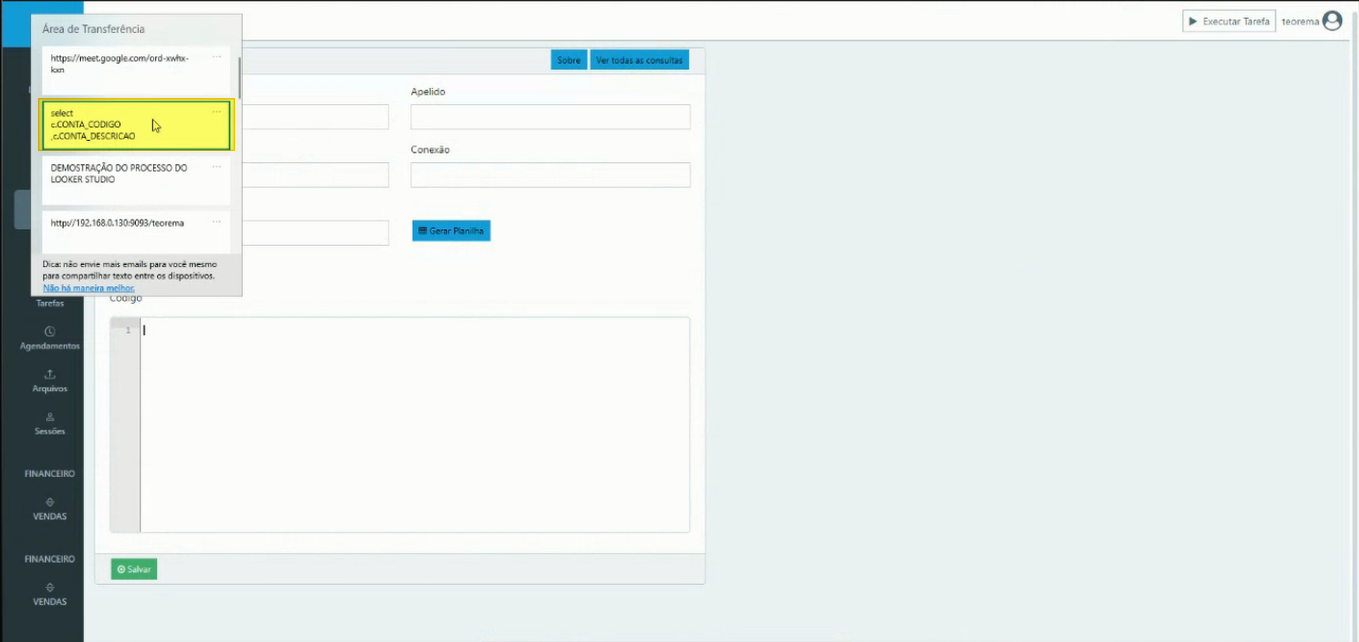 Formulário de nova consulta com campos Nome, Tipo Consulta definido como Banco de Dados, Conexão e editor de código SQL