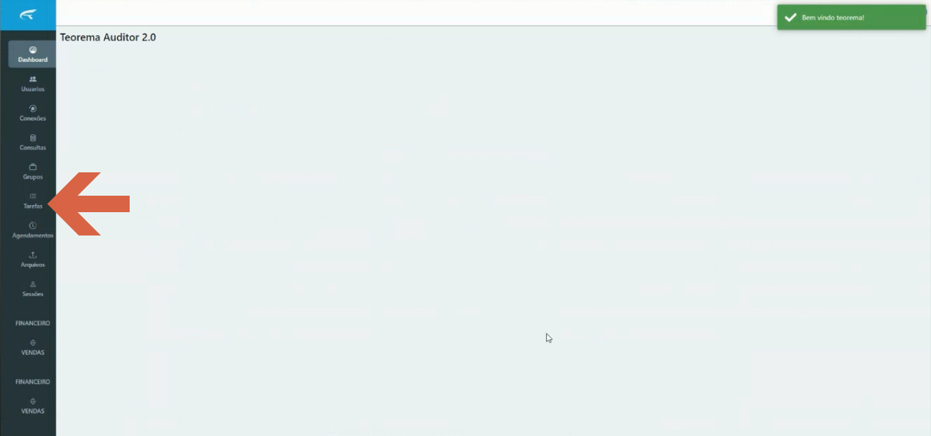 Dashboard do Teorema Auditor 2.0 com menu lateral destacando o item Tarefas