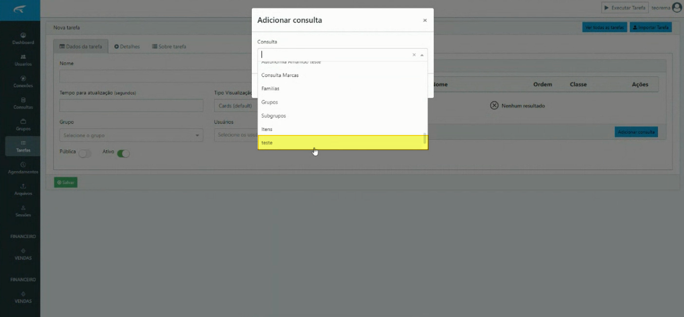 Modal Adicionar consulta com lista de consultas disponíveis e a consulta "teste" selecionada