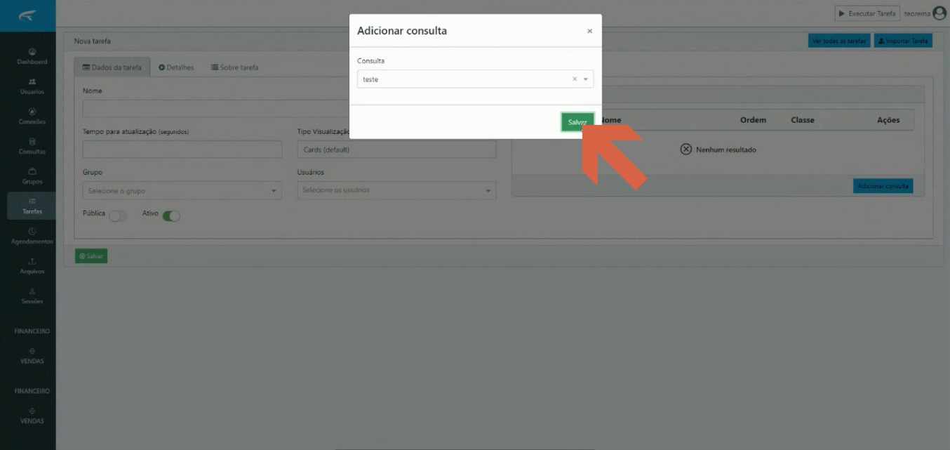Modal Adicionar consulta com a consulta "teste" selecionada e botão Salvar destacado