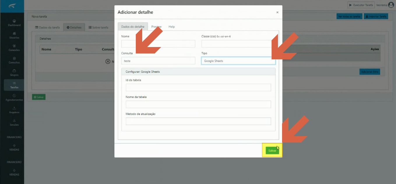 Modal Adicionar detalhe com campos Consulta, Tipo Google Sheets e seção Configurar Google Sheets com campos Id da tabela, Nome da tabela e Método de atualização