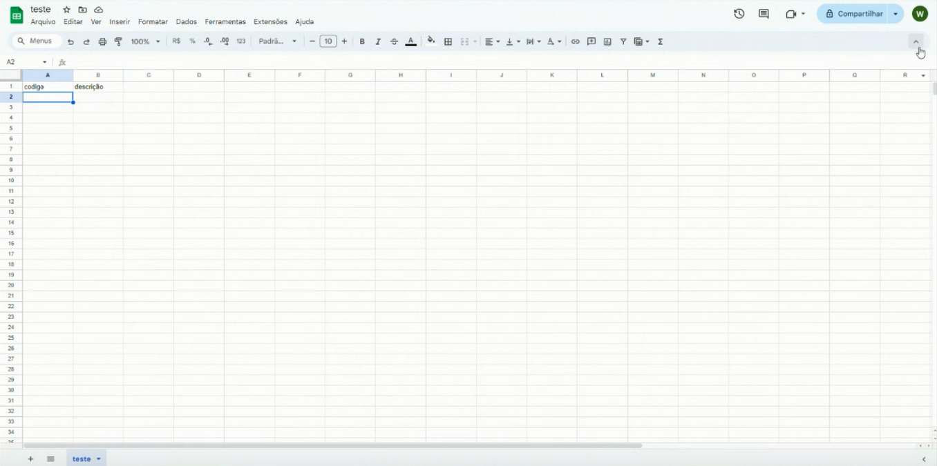 Planilha Google Sheets com colunas "codigo" e "descricao" na primeira linha e aba nomeada "teste"