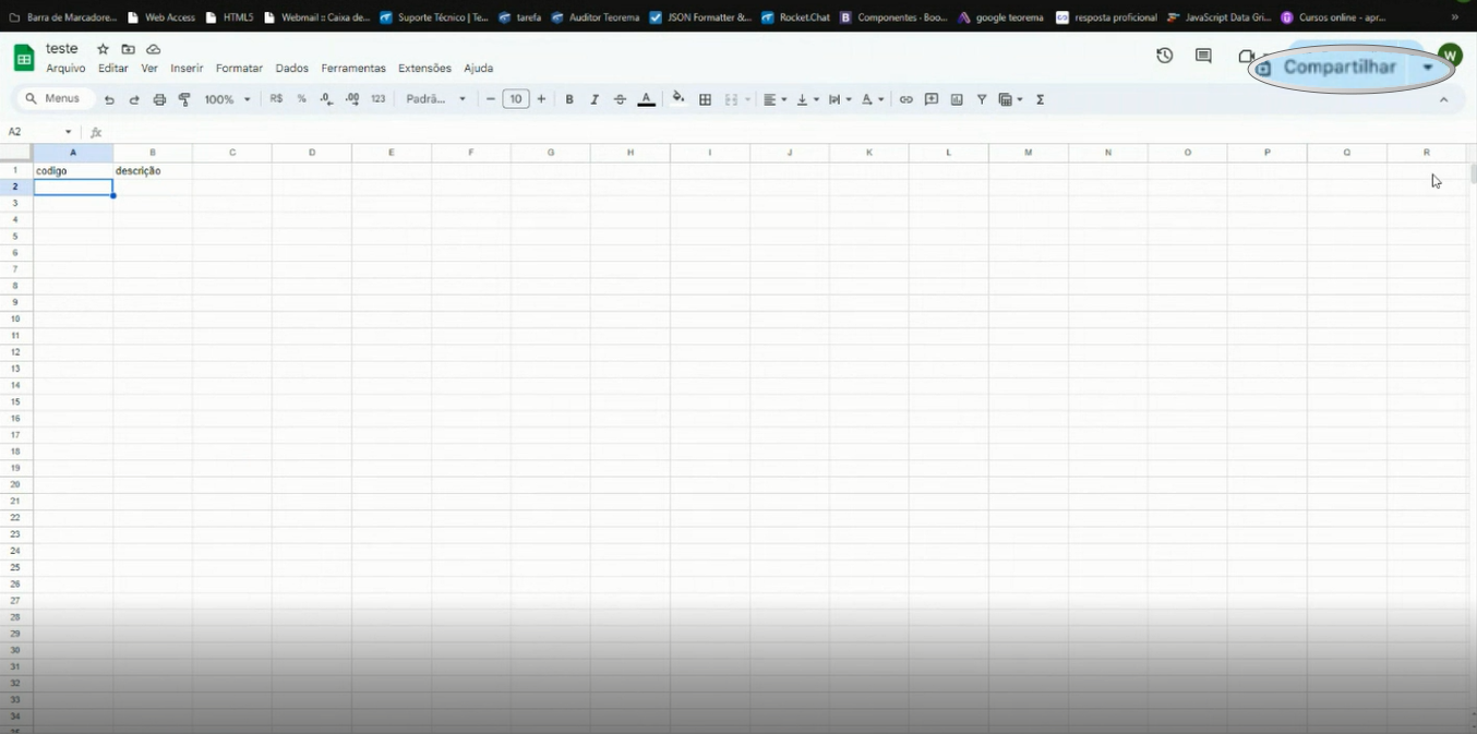 Planilha Google Sheets com botão Compartilhar visível no canto superior direito