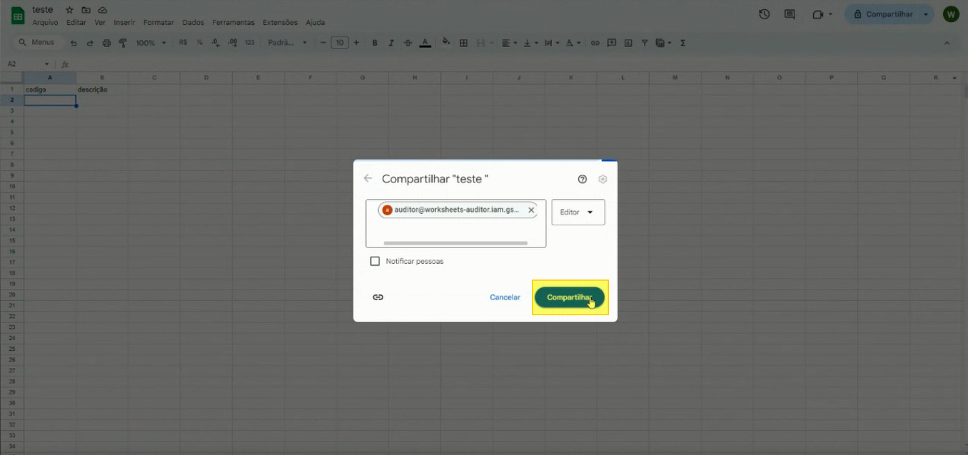 Modal Compartilhar "teste" com opção Notificar pessoas desmarcada e botão Compartilhar destacado