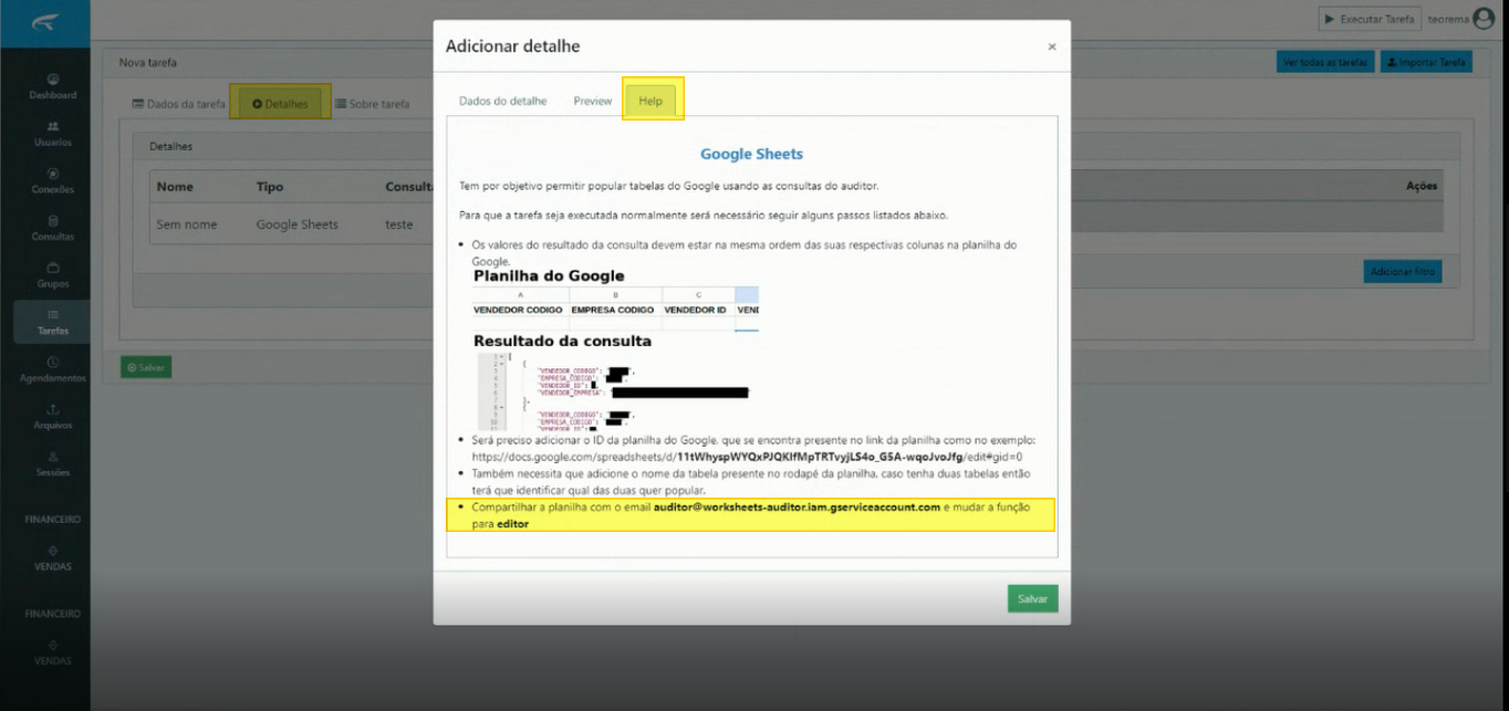 Modal Adicionar detalhe com aba Help aberta mostrando instruções de configuração do Google Sheets, formato das colunas e orientação para compartilhar com o e-mail do Auditor