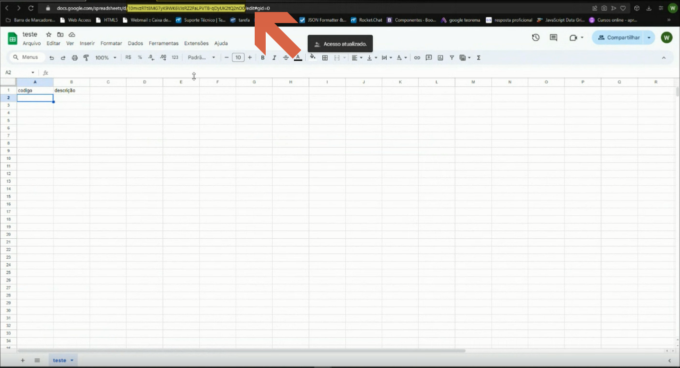 Planilha Google Sheets com a URL visível na barra de endereço do navegador indicando onde localizar o ID da planilha