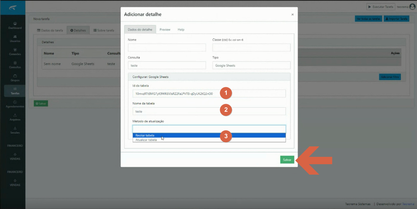 Modal Adicionar detalhe com campos Id da tabela preenchido, Nome da tabela "teste" e Método de atualização com opção Recriar Tabela selecionada; botão Salvar destacado