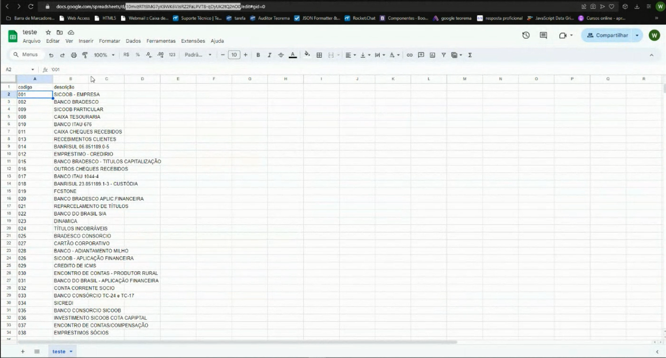 Planilha Google Sheets com dados preenchidos a partir da execução da tarefa do Auditor
