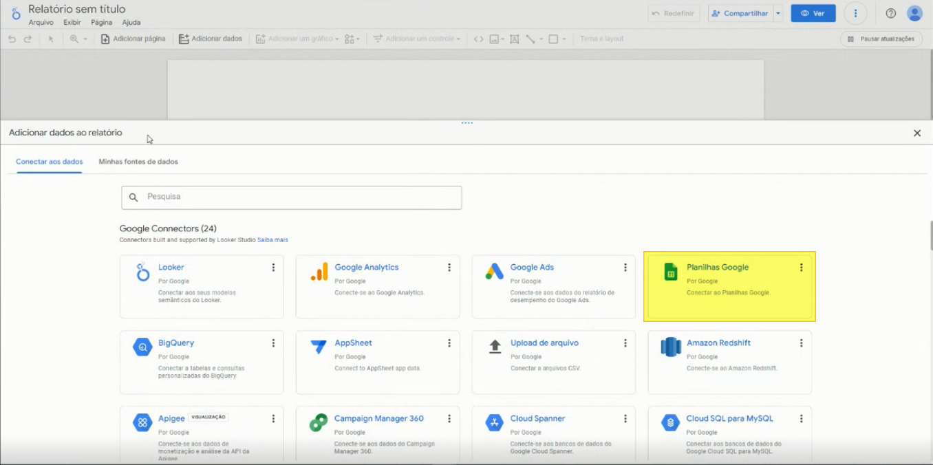 Painel Adicionar dados ao relatório no Looker Studio com lista de Google Connectors e Planilhas Google destacado