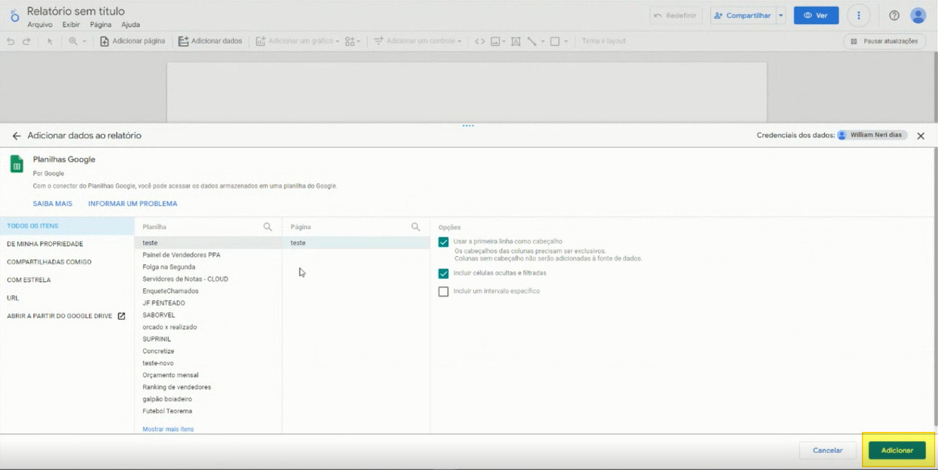 Painel de configuração da fonte de dados Planilhas Google com campos Planilha e Página selecionados e botão Adicionar destacado