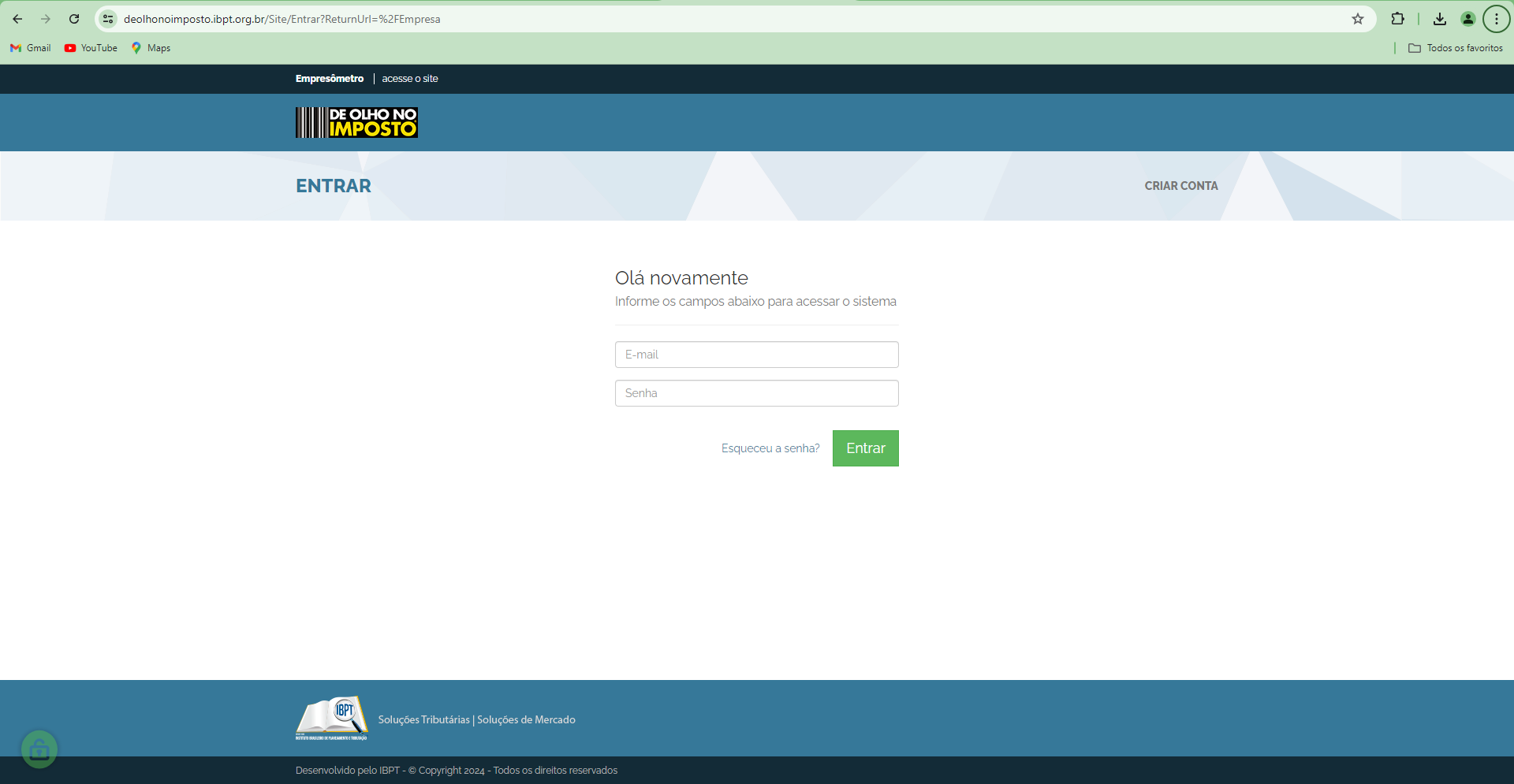 Página de login do portal De Olho no Imposto com campos E-mail e Senha e botão Entrar