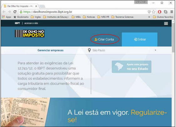 Página inicial do portal De Olho no Imposto com botão Criar Conta em destaque e mensagem sobre a Lei 12.741/12