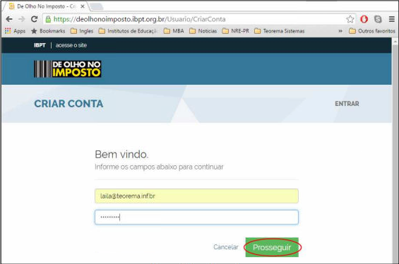 Tela Criar Conta do portal IBPT com campos de e-mail e senha preenchidos e botão Prosseguir em destaque