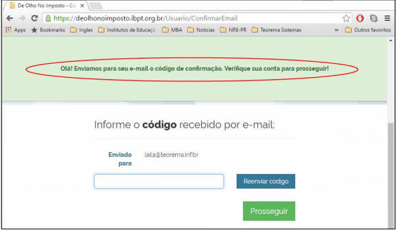 Tela Confirmar Email do portal IBPT com campo para digitar o código recebido e botão Prosseguir