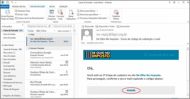 E-mail do portal De Olho no Imposto exibindo o código de validação 456686 para confirmação de cadastro