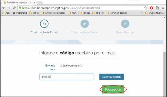 Tela Confirmar Email com campo preenchido com o código 456686 e botão Prosseguir em destaque