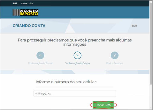 Tela Criando Conta — etapa Confirmação de Celular com campo para número do celular e botão Enviar SMS em destaque