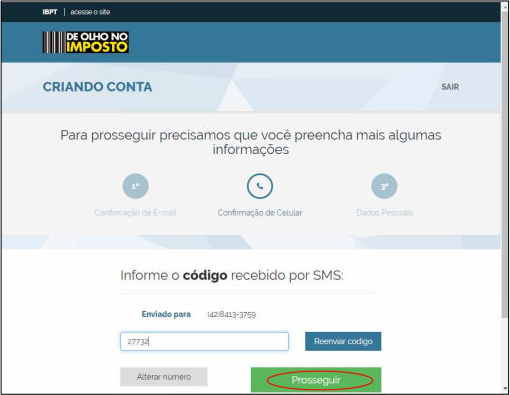 Tela Criando Conta — confirmação de celular com campo preenchido com o código SMS e botão Prosseguir em destaque