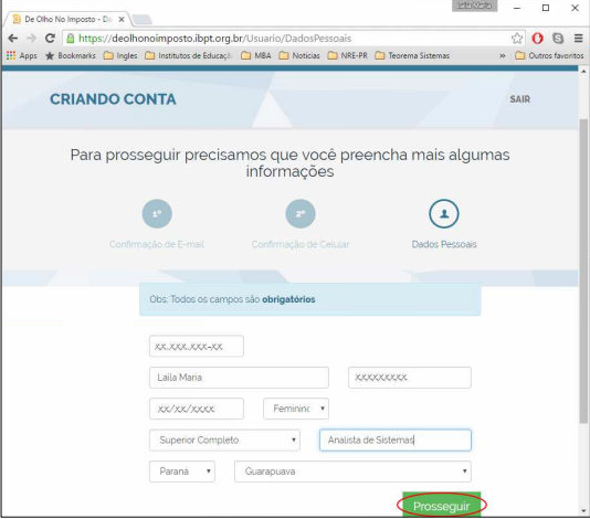 Tela Criando Conta — etapa Dados Pessoais com campos obrigatórios e botão Prosseguir em destaque