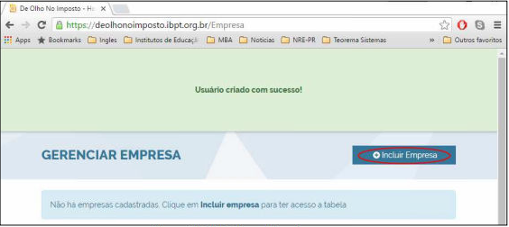 Tela Gerenciar Empresa do portal IBPT com mensagem de sucesso e botão Incluir Empresa em destaque