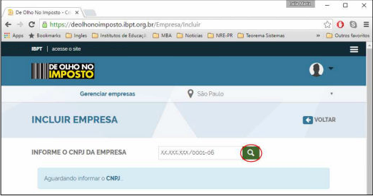 Tela Incluir Empresa do portal IBPT com campo CNPJ e botão lupa em destaque