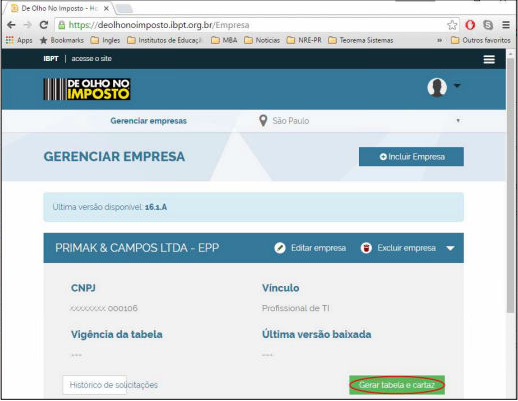 Tela Gerenciar Empresa do portal IBPT mostrando empresa cadastrada com CNPJ, vínculo, vigência e botão Gerar tabela e cartaz em destaque
