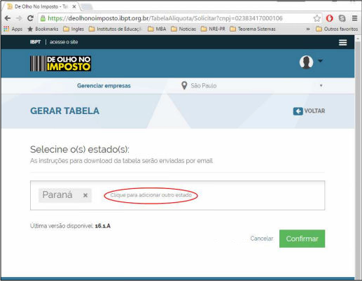 Tela Gerar Tabela do portal IBPT com estado Paraná selecionado e campo para adicionar outros estados em destaque
