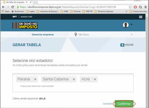 Tela Gerar Tabela do portal IBPT com estados Paraná, Santa Catarina e Acre selecionados e botão Confirmar em destaque
