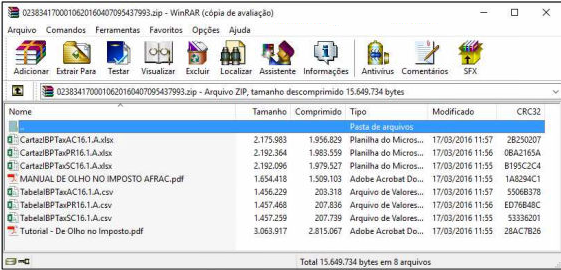 Janela do WinRAR exibindo o conteúdo do arquivo ZIP com arquivos XLS e CSV das tabelas NCM por estado e o tutorial em PDF