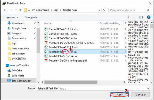Janela de seleção de arquivo do Excel exibindo os arquivos CSV das tabelas NCM por estado, com TabelaBPTaxPR16.1.A.csv selecionado e botão Abrir em destaque