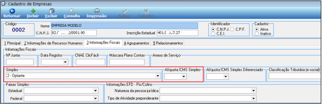 Tela Cadastro de Empresas, aba Informações Fiscais, com campos Simples (valor: 2 - Optante), Alíquota ICMS Simples e Alíquota ICMS Simples Diferenciado em destaque