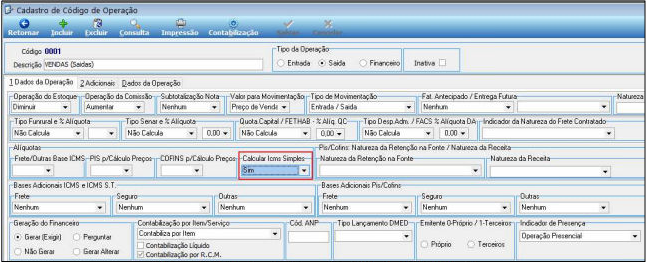 Tela Cadastro de Código de Operação com campo Calcular Icms Simples marcado como Sim em destaque