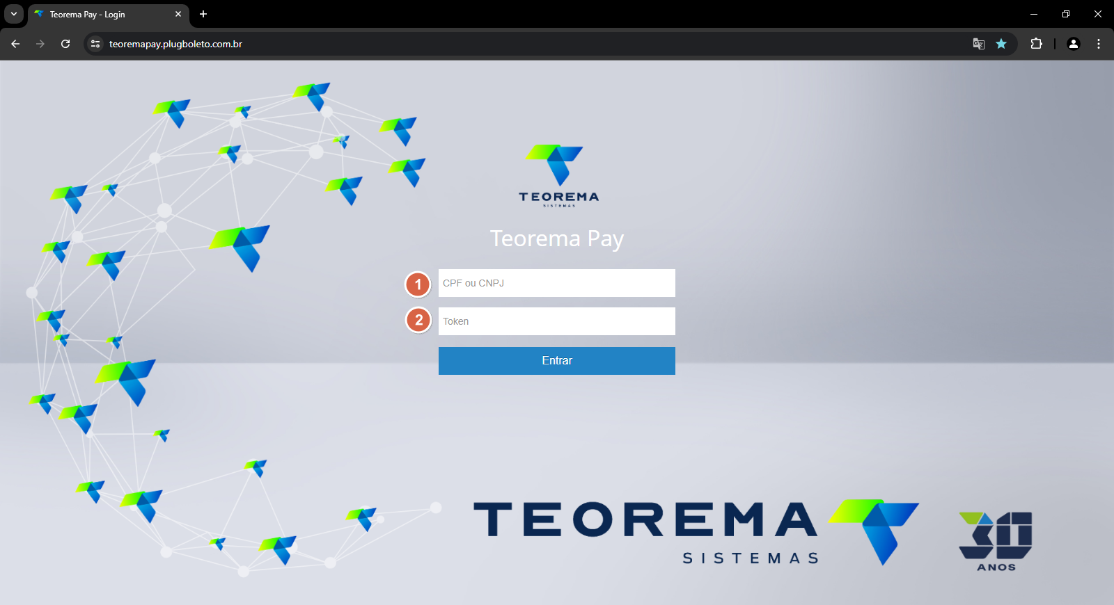 Tela de login do Teorema Pay com campos CNPJ e Token e botão Entrar