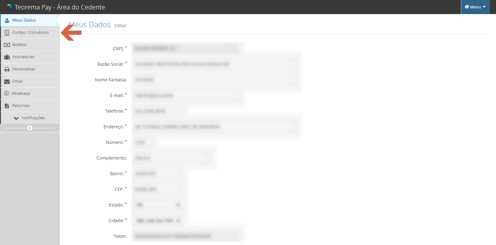 Teorema Pay - Área do Cedente com menu lateral exibindo: Meus Dados, Contas / Convênios (destacado), Boletos, Assinaturas, Personalizar, Email, Whatsapp, Retornos, Notificações