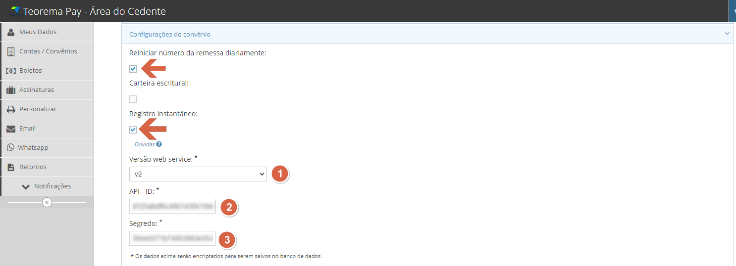 Teorema Pay - aba Configurações do Convênio com checkboxes Reiniciar número da remessa diariamente e Registro instantâneo marcados; campos Versão web service = v2, API-ID e Segredo com valores mascarados