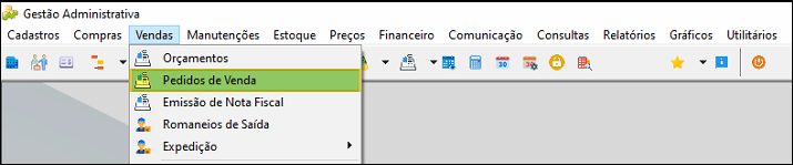 Menu Vendas do módulo Gestão Administrativa com o item "Pedidos de Venda" destacado